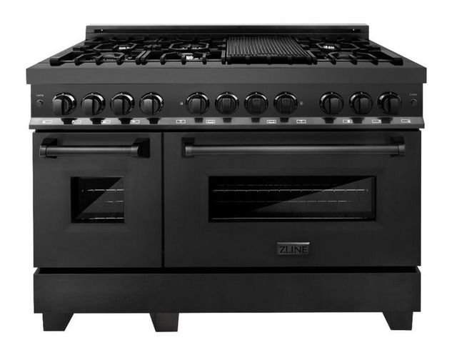 piano black zline gas burner and electric oven