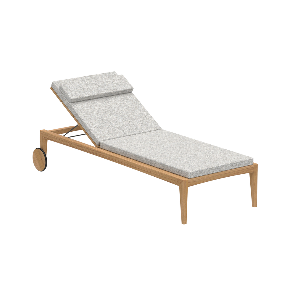 a wooden sun lounger with grey cushions
