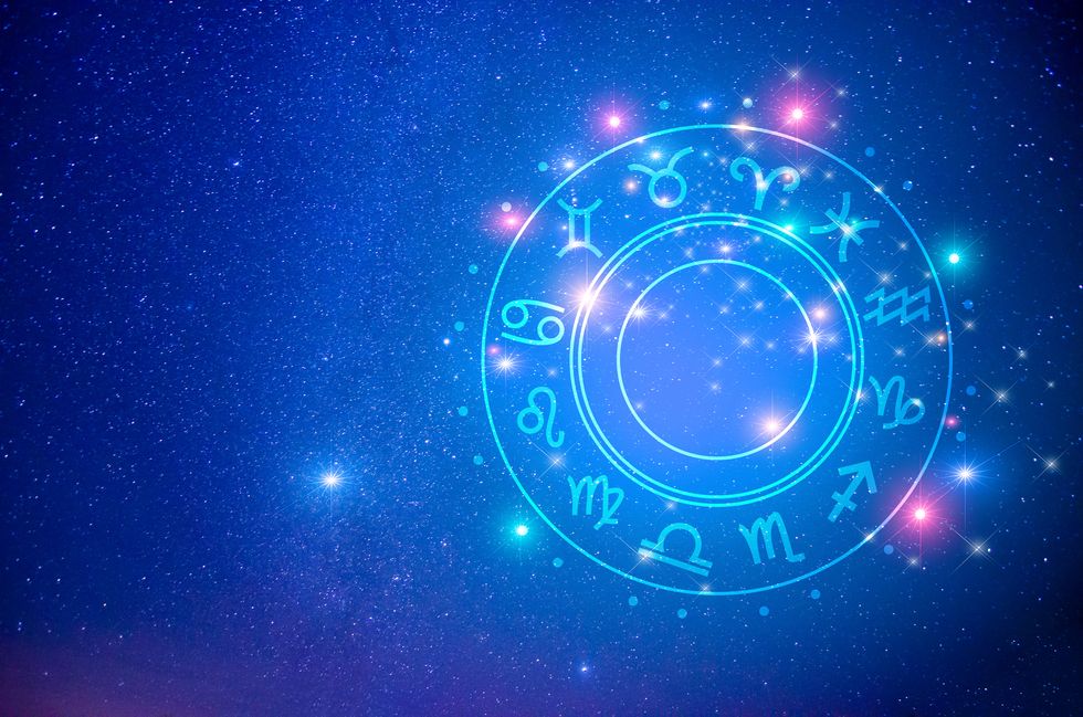 zodiac signs inside of horoscope circle astrology in the sky with many stars and moons astrology and horoscopes concept