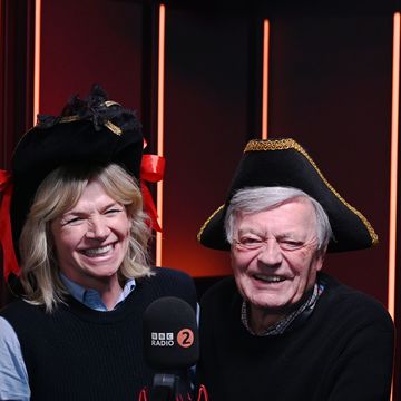 zoe ball and tony blackburn wearing pirate hats on bbc radio 2 pirate radio takeover