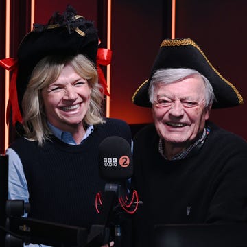 zoe ball and tony blackburn wearing pirate hats on bbc radio 2 pirate radio takeover