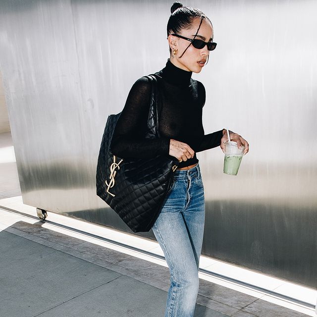 a composite image of zoë kravitz walking with a saint laurent shopping bag tote and a still image of the saint laurent shopping tote to illustrate a story about the tote 2022