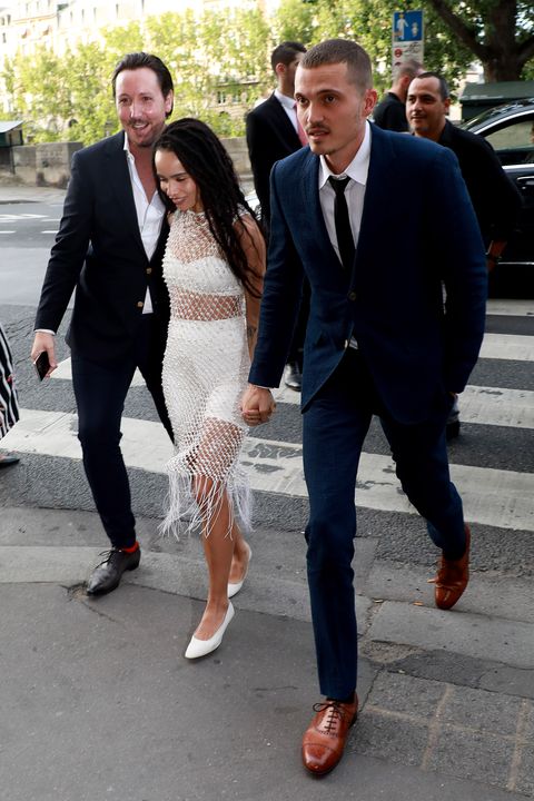 paris, france   june 28 zoe kravitz and her husband karl glusman arrive at a dinner at la perouse restaurant  where they celebrate their recent wedding on june 28, 2019 in paris, france photo by pierre suugc images