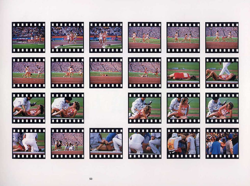 contact sheet from the moments during the 1984 olympics when mary decker fell after getting passed by zola budd