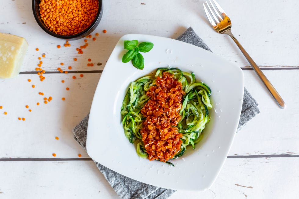 zoodles with vegetarian bolognese sauce, parmesan and basil