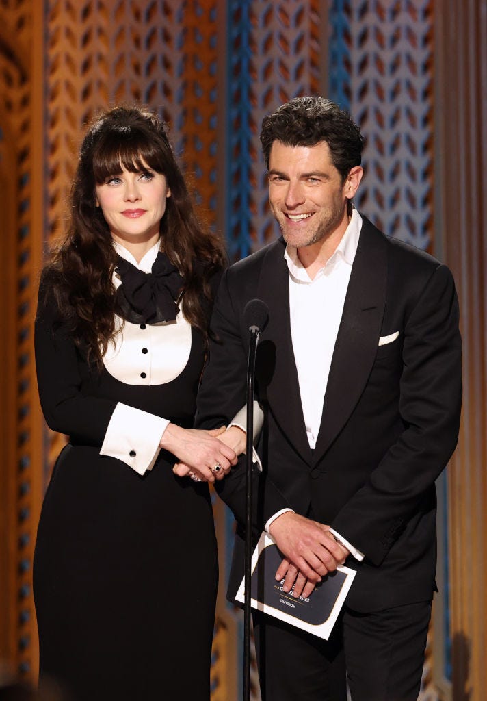los angeles, california february 23 l r zooey deschanel and max greenfield speak onstage during the 31st annual screen actors guild awards at shrine auditorium and expo hall on february 23, 2025 in los angeles, california photo by matt winkelmeyergetty images