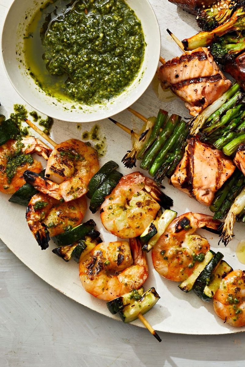 shrimp and zucchini skewers served on a plate