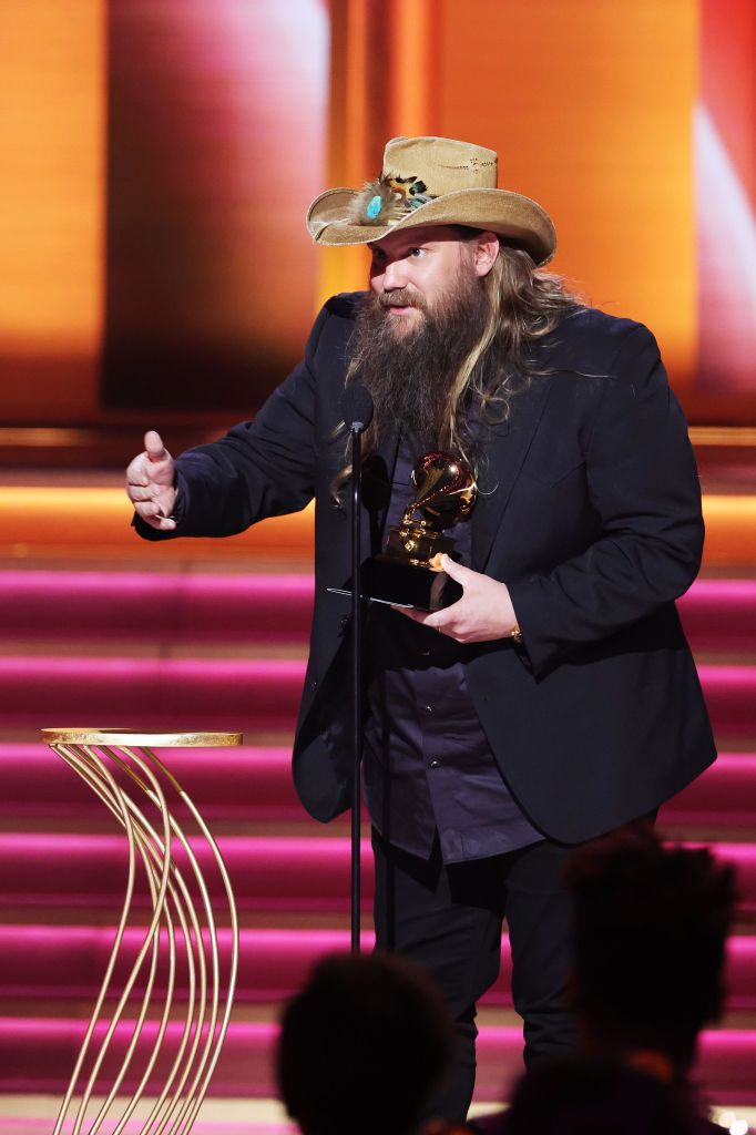 las vegas, nevada   april 03 chris stapleton accepts the best country album for ‘starting over’ onstage during the 64th annual grammy awards at mgm grand garden arena on april 03, 2022 in las vegas, nevada photo by rich furygetty images for the recording academy