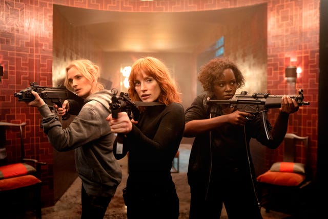 from left marie diane kruger, mason “mace” brown jessica chastain and khadijah lupita nyong'o in the 355, co written and directed by simon kinberg