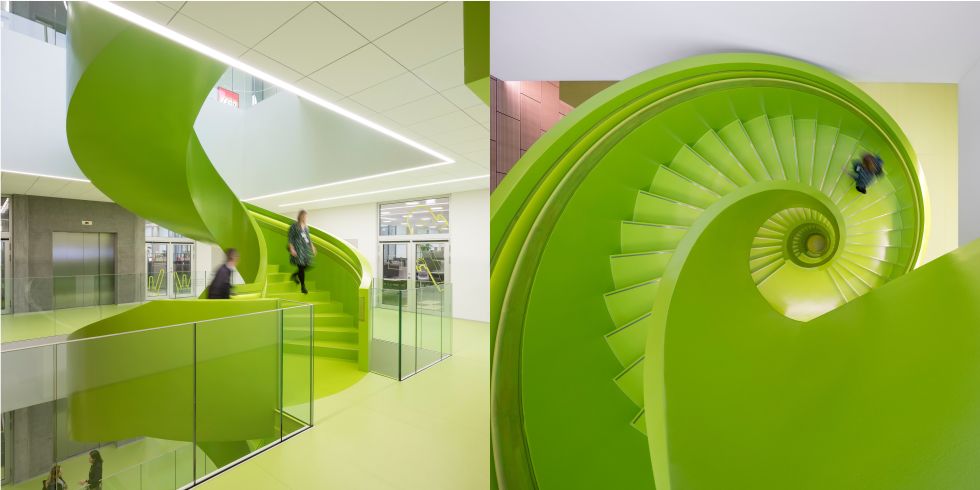Green, Stairs, Interior design, Architecture, Ceiling, Design, Room, Building, Flooring, Floor, 