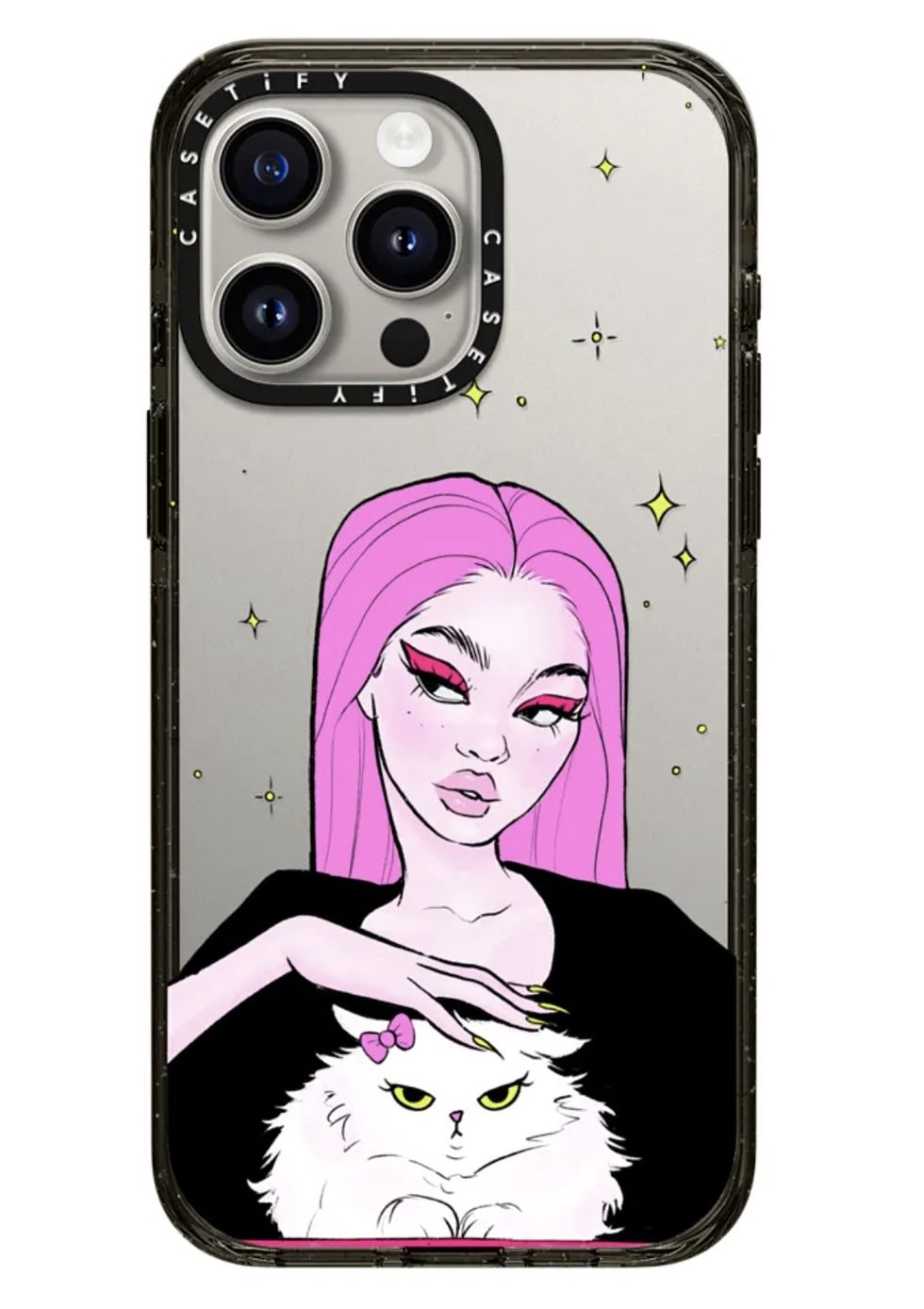 a cell phone with a cartoon woman on the screen