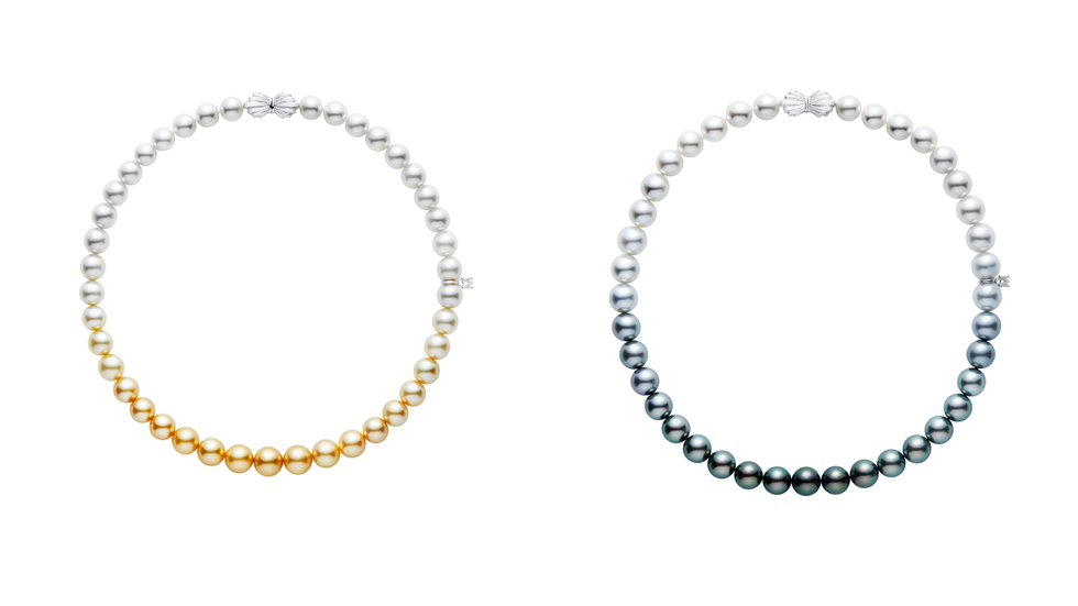 珍珠串鍊推薦：MIKIMOTO漸層南洋珍珠串鍊，18K白金釦頭，與白色、淡金色、黃金色、銀灰色、黑色等多色南洋珍珠做漸層搭配。
