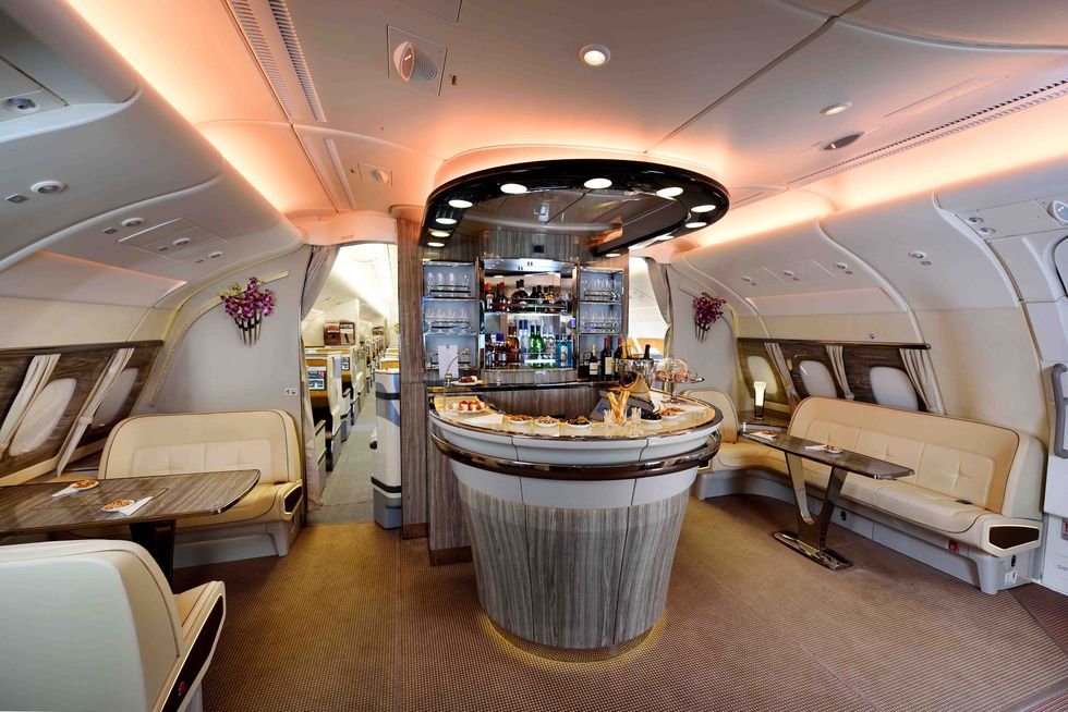 Business jet, Room, Interior design, Vehicle, Airplane, Luxury yacht, Building, Aircraft, Aerospace engineering, Cabin, 