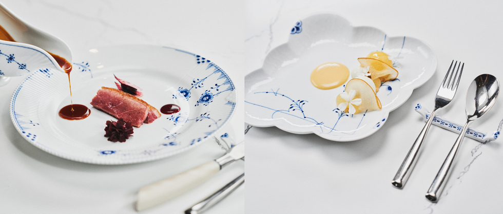 a few與米其林餐桌藝術有約！百年手繪名瓷丹麥「皇家哥本哈根」攜手鬼才主廚iacopo frassi，以職人之姿展演料理和手繪餐瓷工藝，打造餐桌上最奢華的藝術show！ plates with food on them