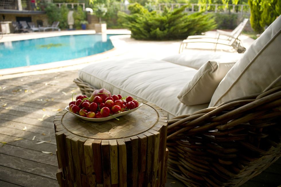 Furniture, Table, Room, Plant, Leisure, Deck, Wood, Swimming pool, Fruit, Home, 