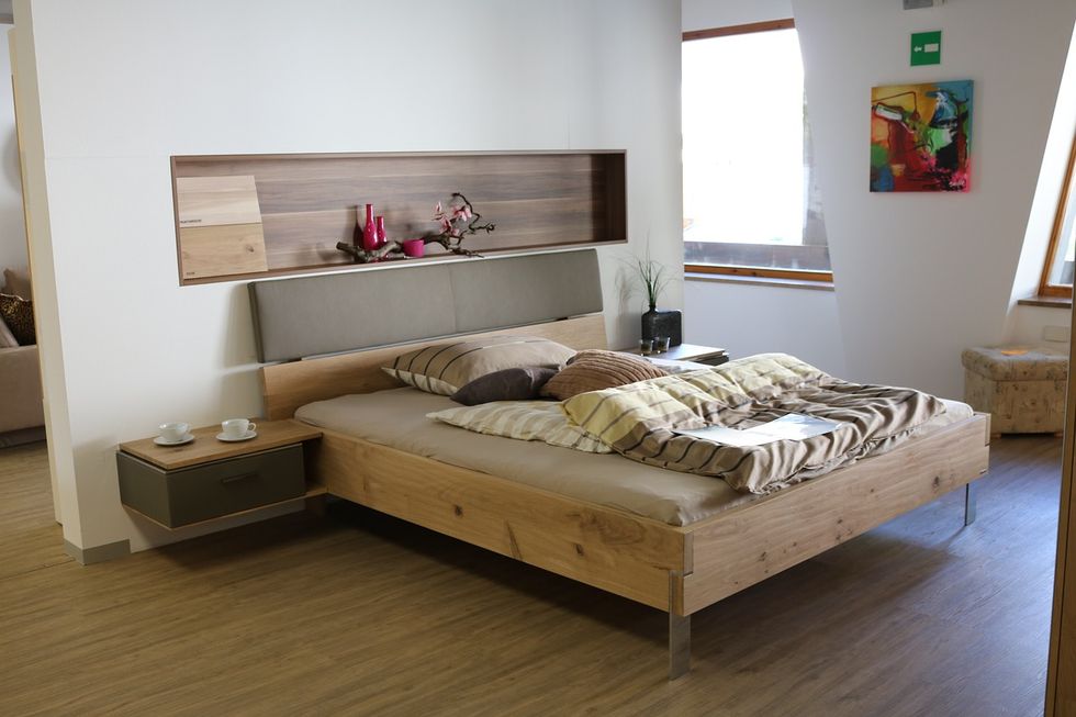 Furniture, Bed, Bedroom, Room, Bed frame, Bed sheet, Floor, Wood flooring, Property, Interior design, 