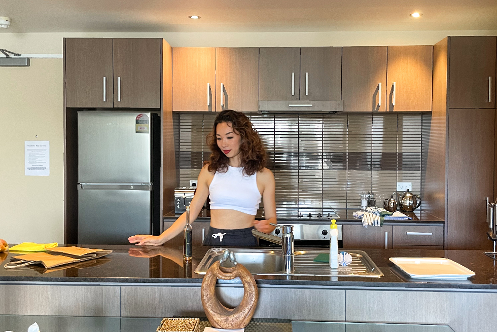 a woman in a kitchen