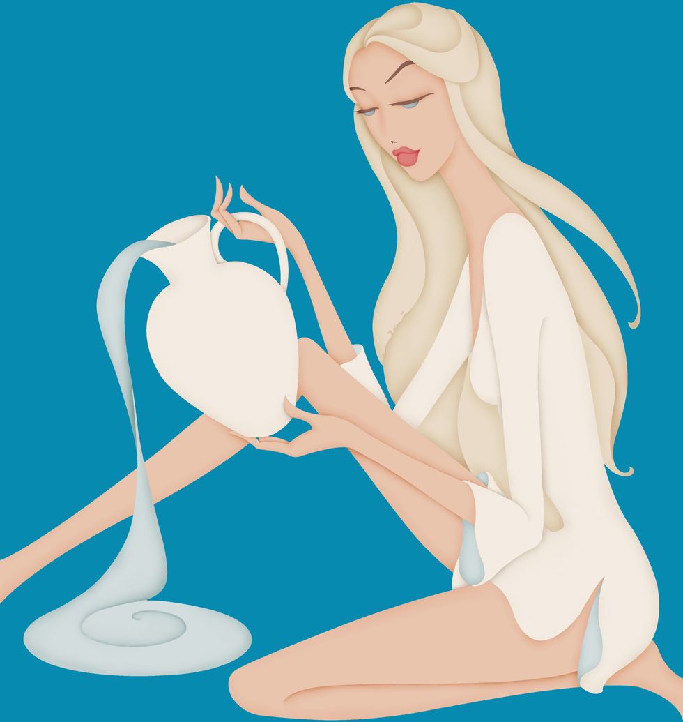beautiful woman pouring water posing as astrology sign aquarius