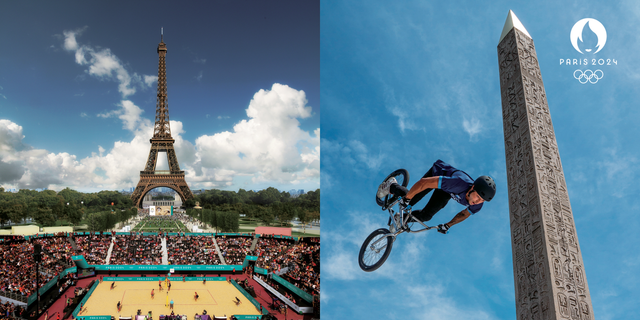 a man jumping a bike in front of a monument