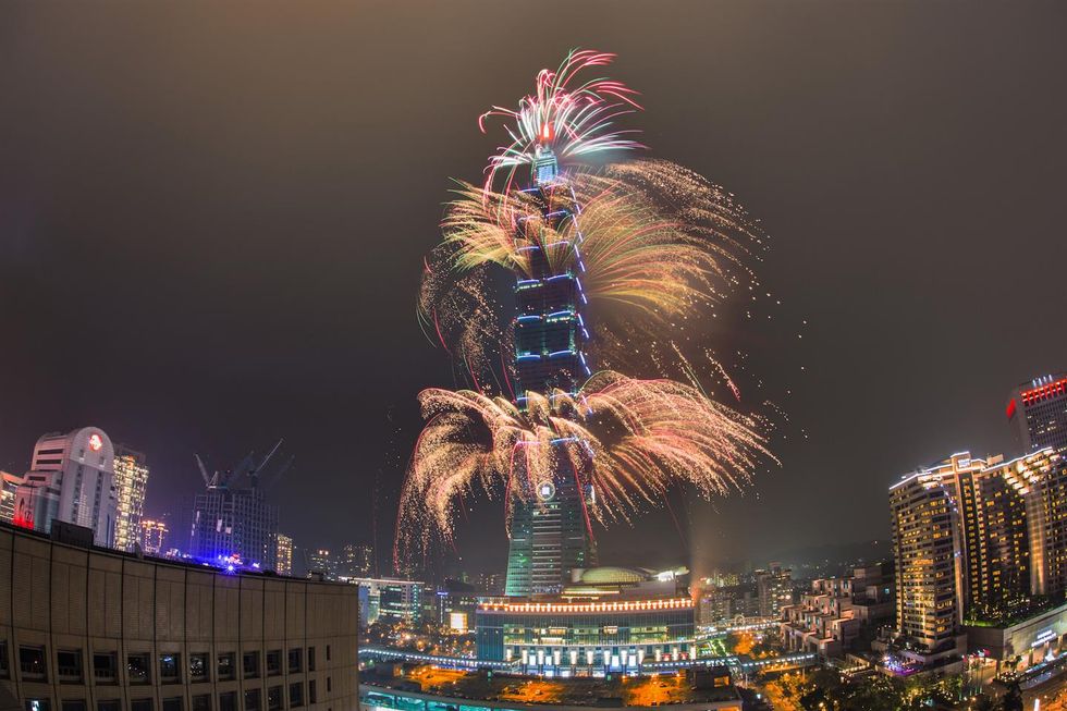 Fireworks, Metropolitan area, Cityscape, Skyscraper, City, Landmark, New Years Day, Urban area, Night, Metropolis, 