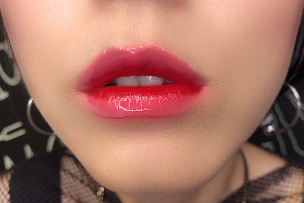 Lip, Face, Cheek, Skin, Red, Lipstick, Chin, Mouth, Lip gloss, Nose, 