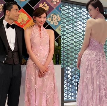 林志玲和Akira婚禮穿中式禮服送客大露美背！志玲親自參與設計的粉色改良式旗袍禮服背後巧思大公開