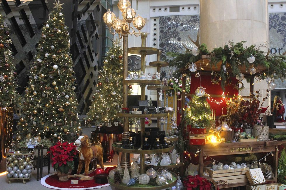 Christmas decoration, Christmas, Christmas tree, Christmas ornament, Tree, Interior design, Floristry, Christmas eve, Event, Plant, 
