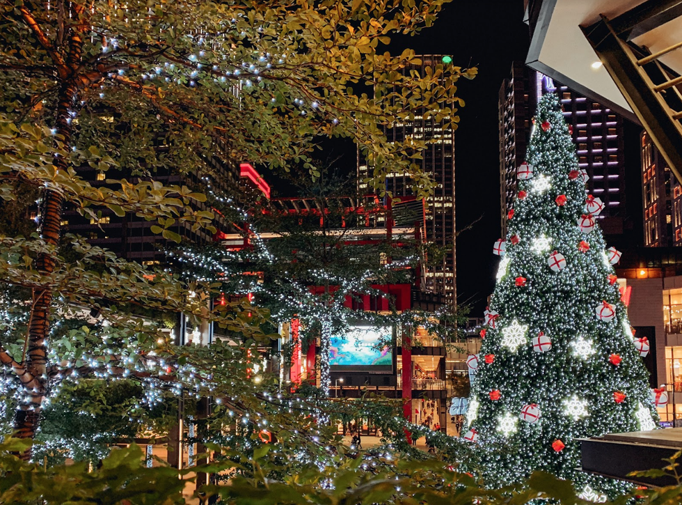 Christmas tree, Tree, Christmas, Christmas decoration, Christmas lights, Christmas ornament, Lighting, Architecture, Fir, Urban area, 