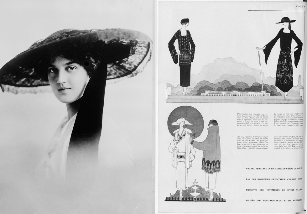 (右)俄羅斯MARIA PAVLOVNA公爵夫人，1912年。版權所有© HERITAGE IMAGES / CONTRIBUTOR / (左)由時裝插畫家REYNALDO LUZA執筆，刊登於4月15日法國《VOGUE》雜誌的插畫，1922年。版權所有© ALL RIGHTS RESERVED