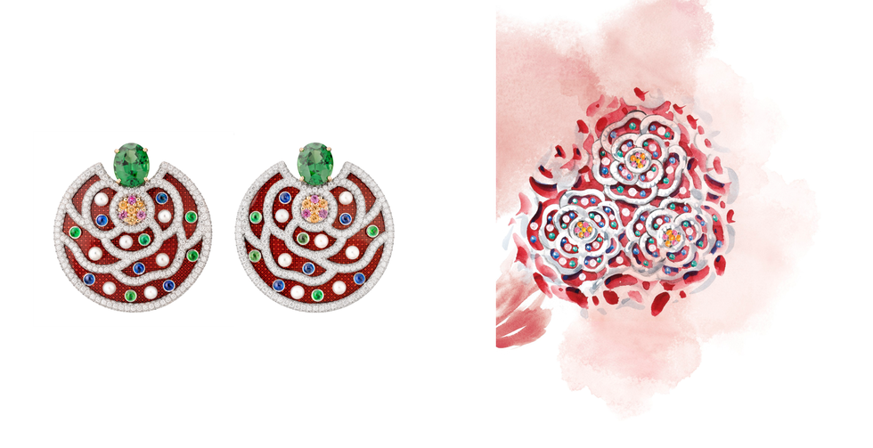 (左)FOLKLORE耳環 /(右)香奈兒高級珠寶創意工作室總監Patrice Leguéreau為LE PARIS RUSSE DE CHANEL系列繪制的手繪靈感圖。