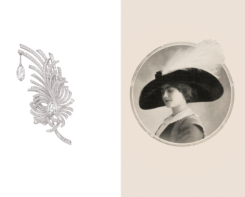 (左)PLUMES DE CHANEL系列AIGRETTE鑽石胸針 / (右)1910年出版的戲劇雜誌COMOEDIA ILLUSTRE中，刊登了香奈兒女士首張肖像照，她戴的帽子即是他最愛的羽毛