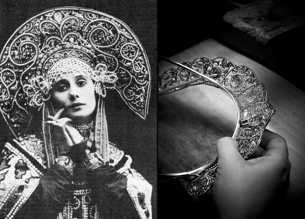 配戴傳統頭飾的俄羅斯芭蕾舞名伶Anna Pavlova(左圖)、Sarafane系列項鍊華麗繁複的刺繡蕾絲工藝精巧(右圖)