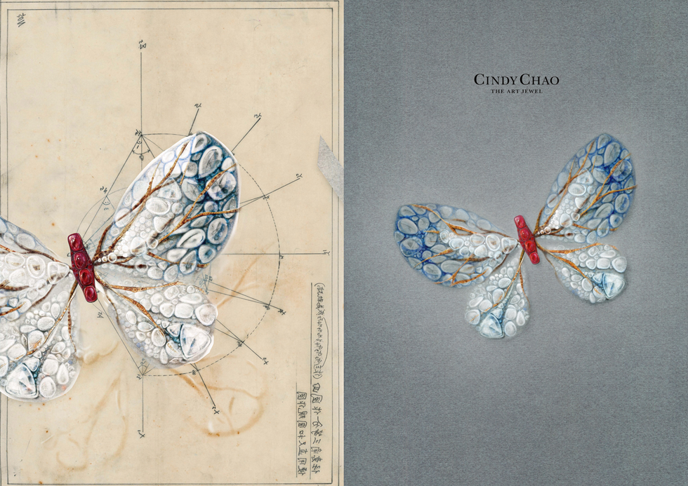外祖父謝自南手繪建築圖（左）與極光蝴蝶手繪圖（右）