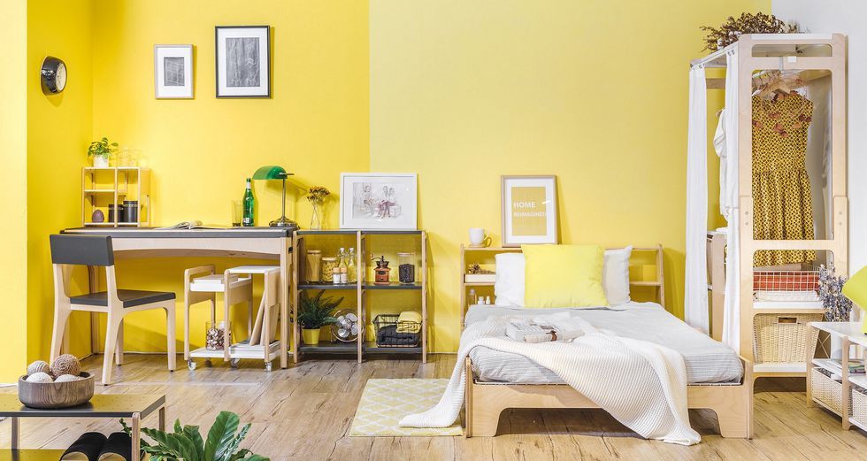 Furniture, Room, Bedroom, Yellow, Bed, Property, Interior design, Bed frame, Bed sheet, Building, 