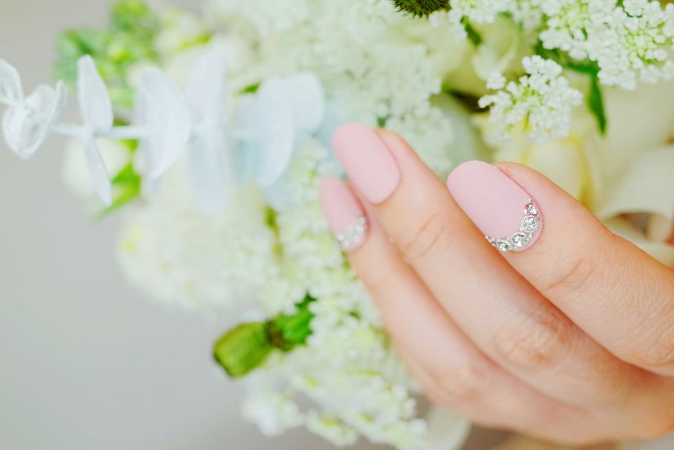 Nail, Green, Finger, Hand, Flower, Manicure, Plant, Nail care, Wedding ceremony supply, Petal, 