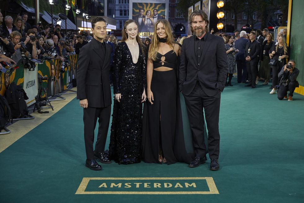 l to rrami malek, andrea riseborough, margot robbie and christian bale attend the european premiere of 20th century studios and new regency “amsterdam” in leicester square, on wednesday 21st 2022 in london, england photo by stillmovingnet for disney