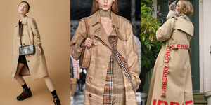（圖左）周冬雨著burberry風衣、（圖中）格紋裁片 gabardine 環圈設計風衣、（圖右）棉質 gabardine 束帶塗鴉風衣