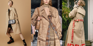 （圖左）周冬雨著burberry風衣、（圖中）格紋裁片 gabardine 環圈設計風衣、（圖右）棉質 gabardine 束帶塗鴉風衣