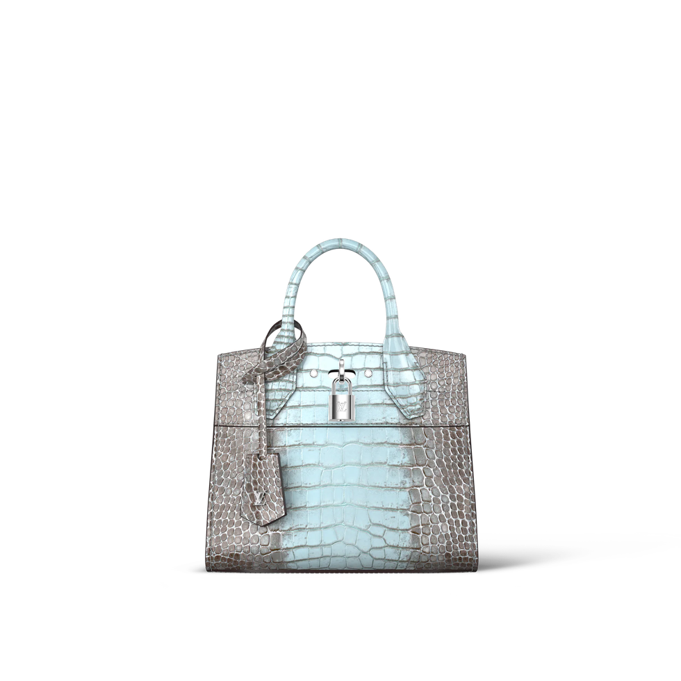 a grey and white bag