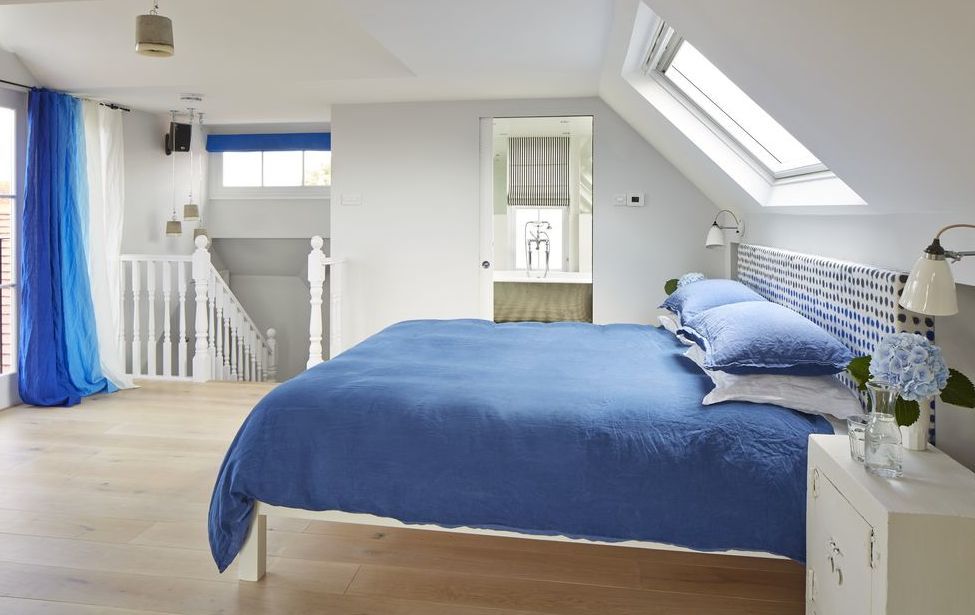 Blue, Bed, Room, Floor, Interior design, Lighting, Wood, Property, Bedding, Flooring, 