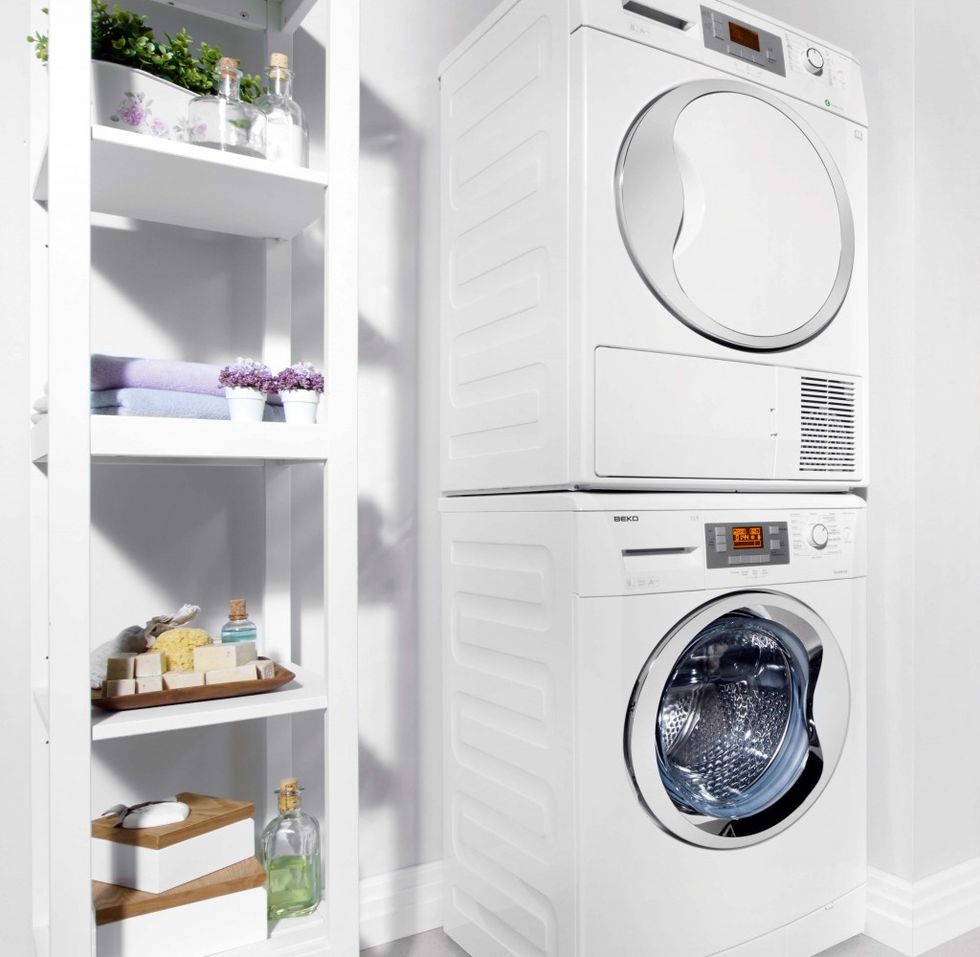 Washing machine, Major appliance, Clothes dryer, White, Home appliance, Shelving, Machine, Shelf, Kitchen appliance, Lavender, 