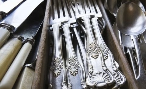 Cutlery, Kitchen utensil, Metal, Household silver, Steel, Musical instrument accessory, Spoon, Silver, Fork, Silver, 