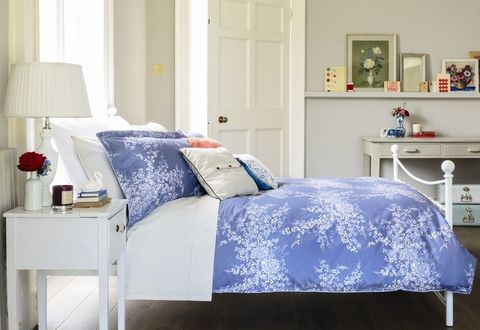 Blue, Room, Interior design, Property, Wall, Bed, Textile, Furniture, Floor, Bedding, 