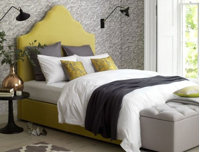 Room, Interior design, Bed, Yellow, Wall, Bedding, Textile, Bedroom, Floor, Lamp, 