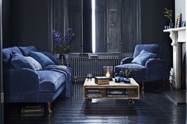 Blue, Room, Interior design, Living room, Home, Furniture, Floor, Wall, Couch, Purple, 
