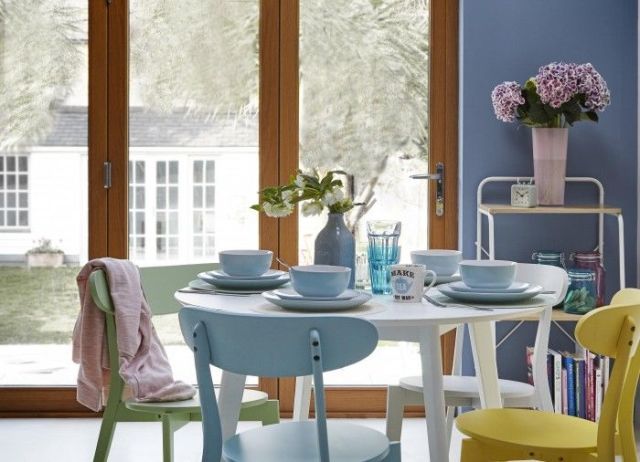 Dining table with pastel best sale coloured chairs