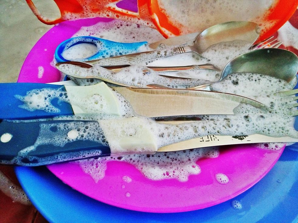 Dishware, Paint, Kitchen utensil, Animal product, Art paint, Fish, Kitchen knife, Seafood, Knife, Natural material, 