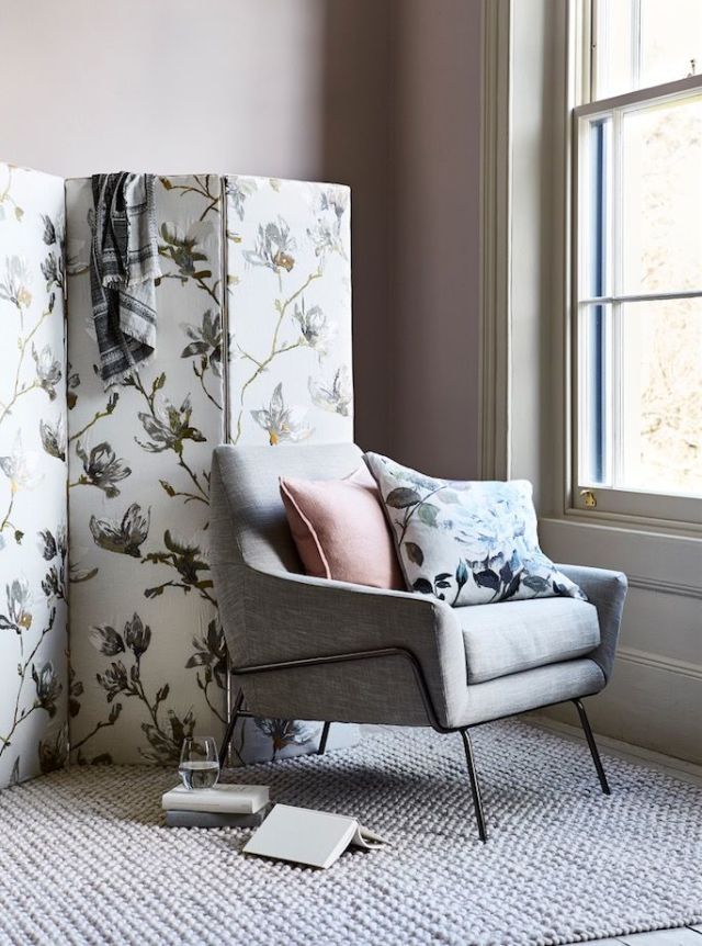 <p>Create an elegant scheme with sepia blooms set against a neutral backdrop of dusky pink and taupe.</p><p>Where to buy: <strong>Walls</strong> in Peignoir Estate emulsion, £39.50 for 2.5L, Farrow
& Ball. <strong>Three-panel screen</strong>, £180, The Dormy House;
covered in Saphira Embroidery Eucalyptus 7748/03, £130
a metre; and trimmed in Alta Mini Lipcord Silver Birch
T78/12, £7.50 a metre; both Romo. Lucas <strong>chair</strong>, £499,
West Elm. Bobble <strong>rug</strong>, £345, Loaf. Twill Linen <strong>plain
cushion</strong>, £41.67, The Conran Shop. Couture Rose <strong>floral
cushion</strong> by Designers Guild, £85, John Lewis. <strong>Glass</strong>, find
similar at Ikea. <strong>Scarf</strong>, stylist's own.</p>
