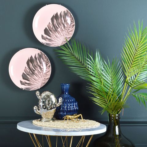 Palm leaf print pastel plates