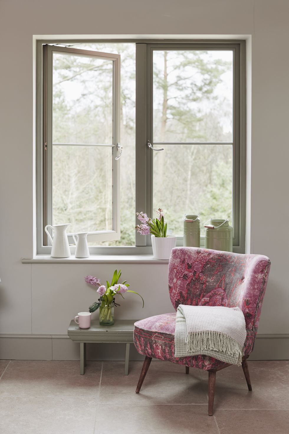 Wood window alliance pink floral chair